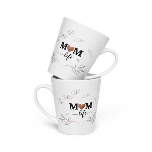 Two stacked white 12 oz latte mugs with 'Mom Life' design and butterfly accents