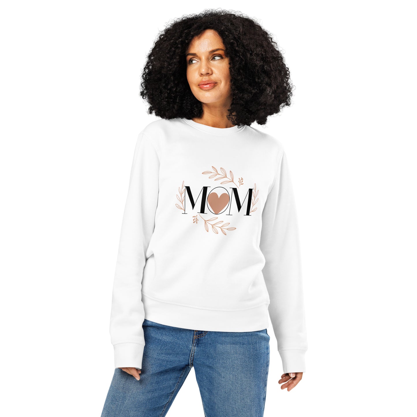 Woman wearing white sweatshirt with 'MOM' text and heart design surrounded by floral elements front view