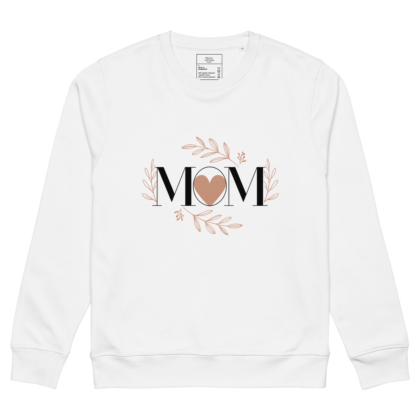 White sweatshirt with 'MOM' text and heart design surrounded by floral elements