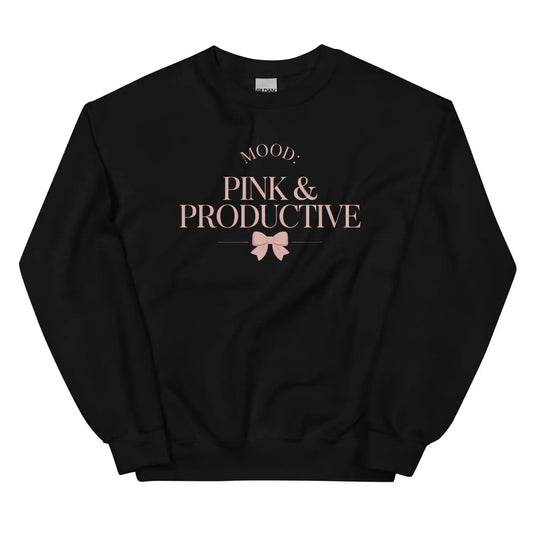 Black sweatshirt with 'Mood: Pink & Productive' text and a bow graphic on a white background