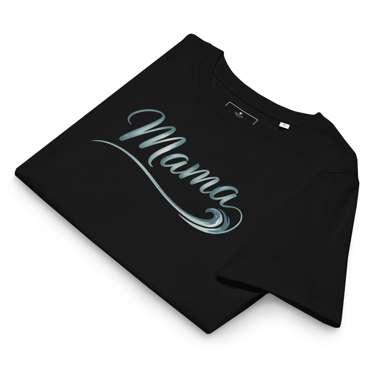 Folded black t-shirt with Ocean Mama wave design displayed in a flatlay mockup for summer collection