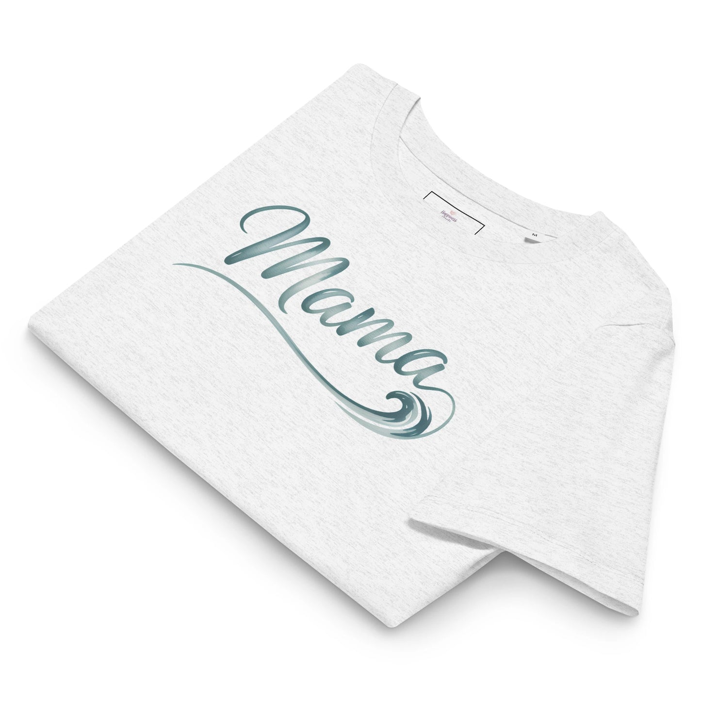 Folded grey t-shirt with Ocean Mama wave design displayed in a flatlay mockup for summer collection