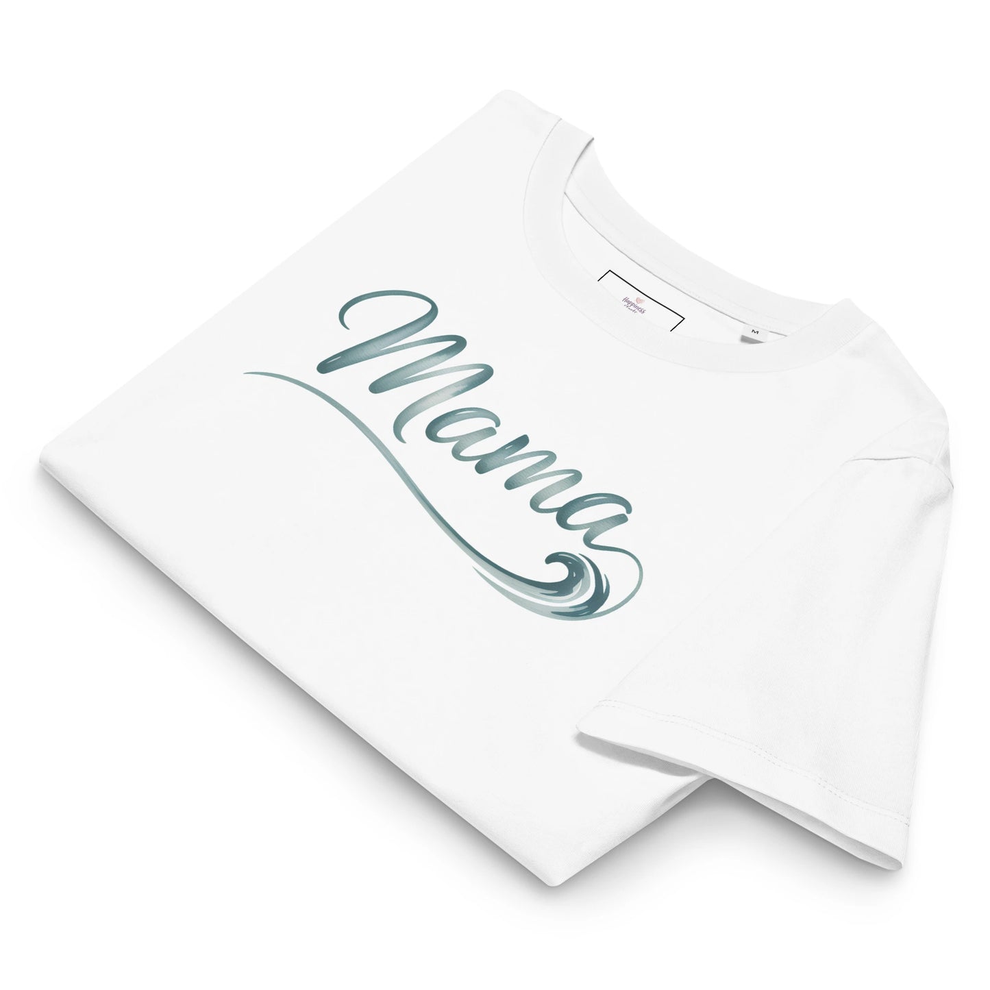 Folded white t-shirt with Ocean Mama wave design displayed in a flatlay mockup for summer collection