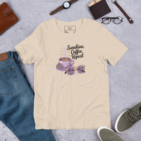 Flatlay of cream summer tee with pastel coffee cup and sunglasses graphic