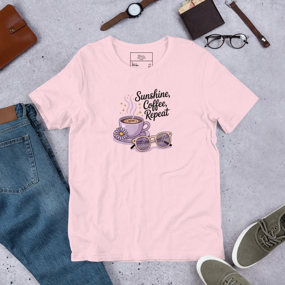 Flatlay of pink summer tee with pastel coffee cup and sunglasses graphic