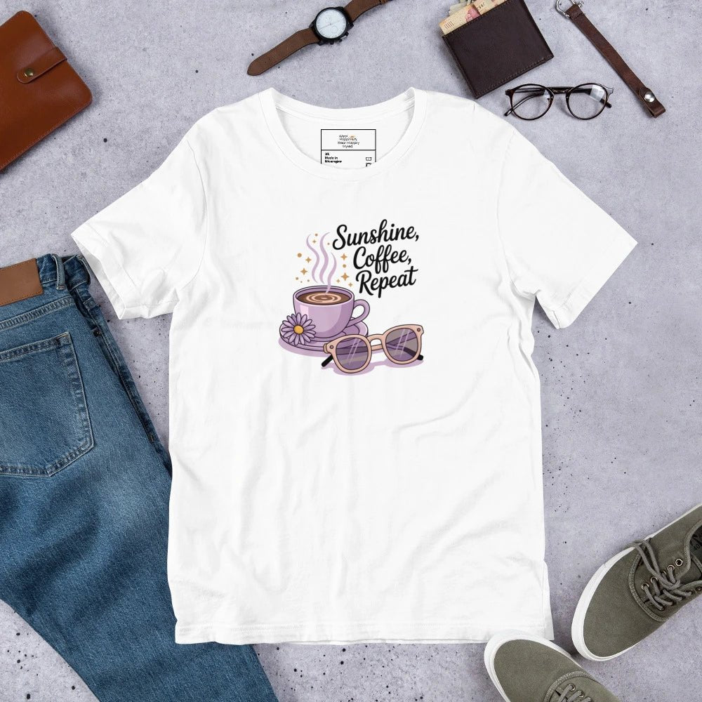 Flatlay of cream white tee with pastel coffee cup and sunglasses graphic