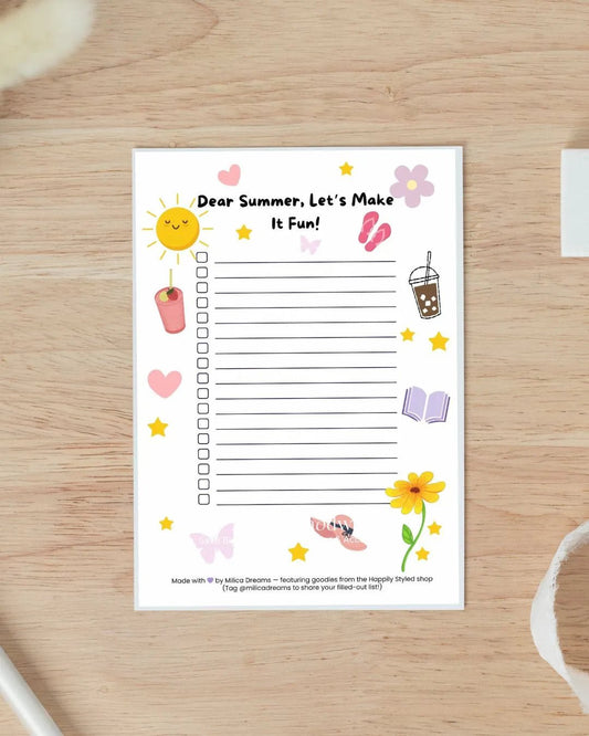 A printable summer bucket list worksheet for moms, shown as a printed A4 page on wooden table background with cozy pastel decor.