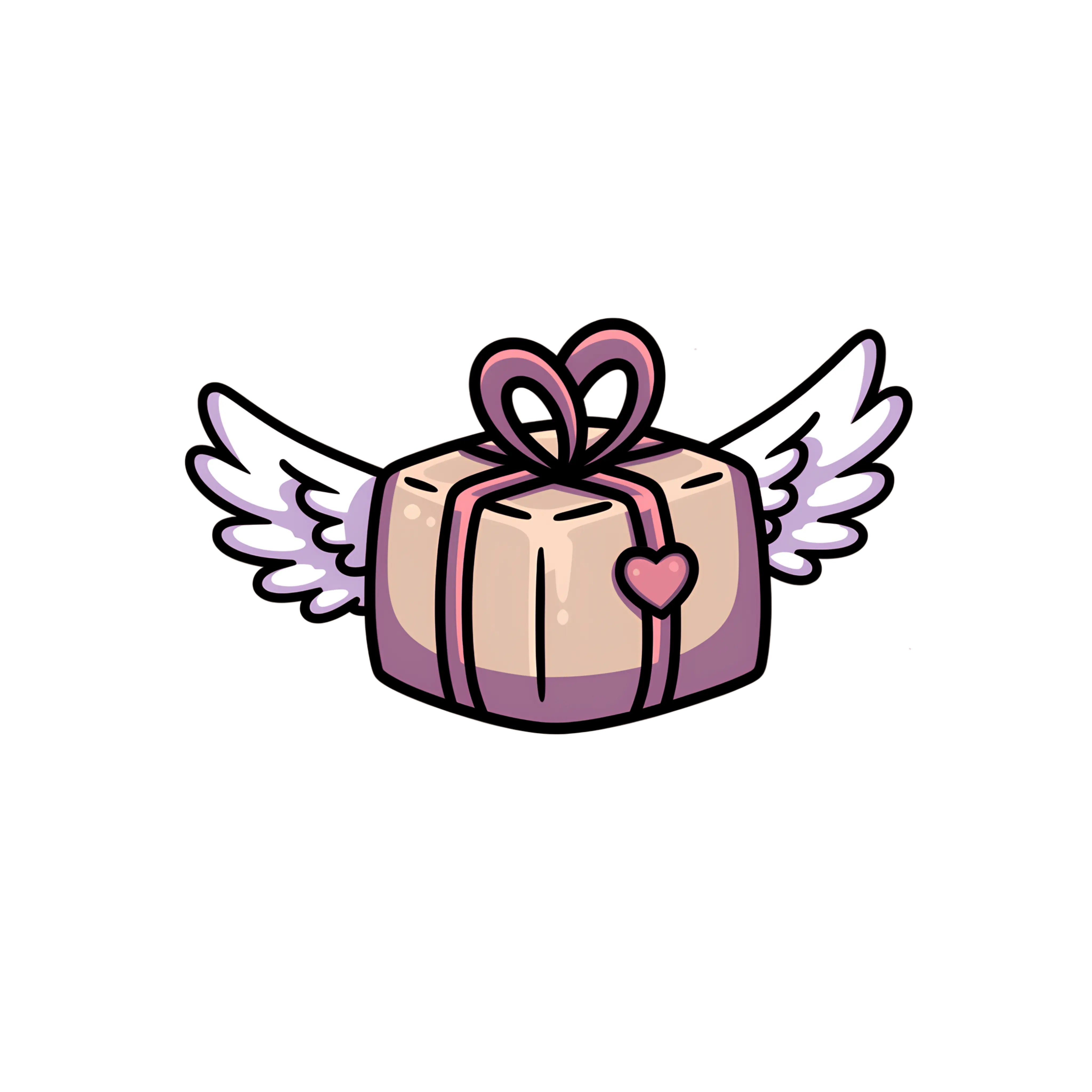 Whimsical icon of a flying gift box with wings and a heart tag, symbolizing fast shipping time