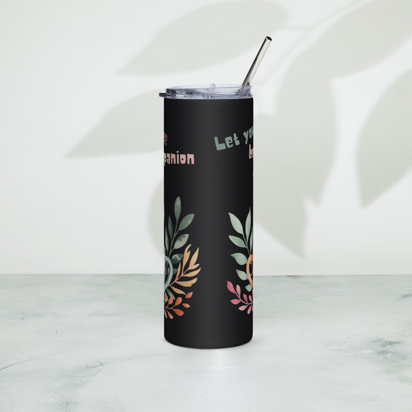 Black stainless steel tumbler – back view with leaf design