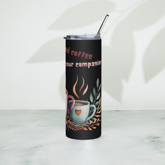 Black stainless steel tumbler – left side with coffee design and greenery