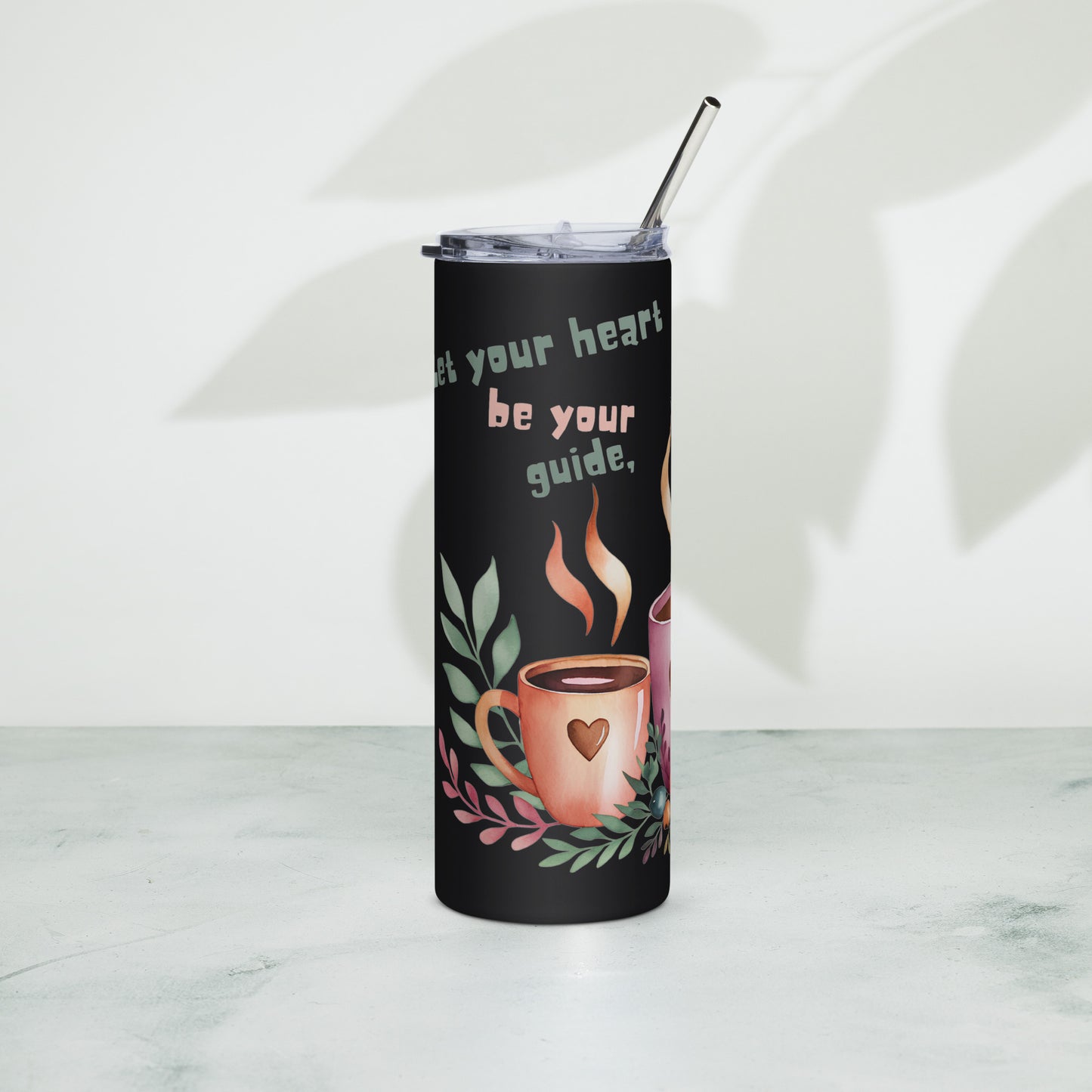 Black stainless steel tumbler – right side with coffee cup and leaves