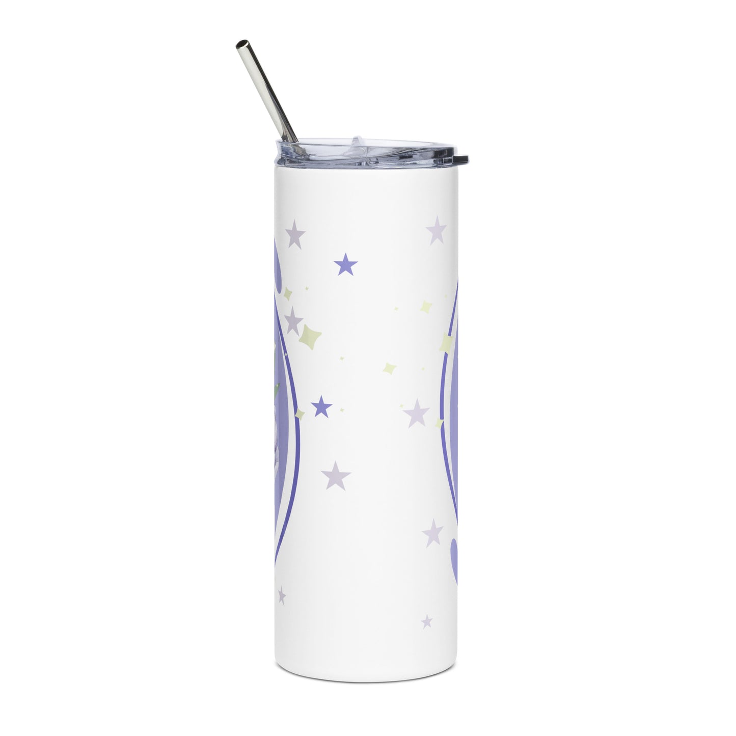 Lavender floral stainless steel tumbler with straw, placed on a white surface