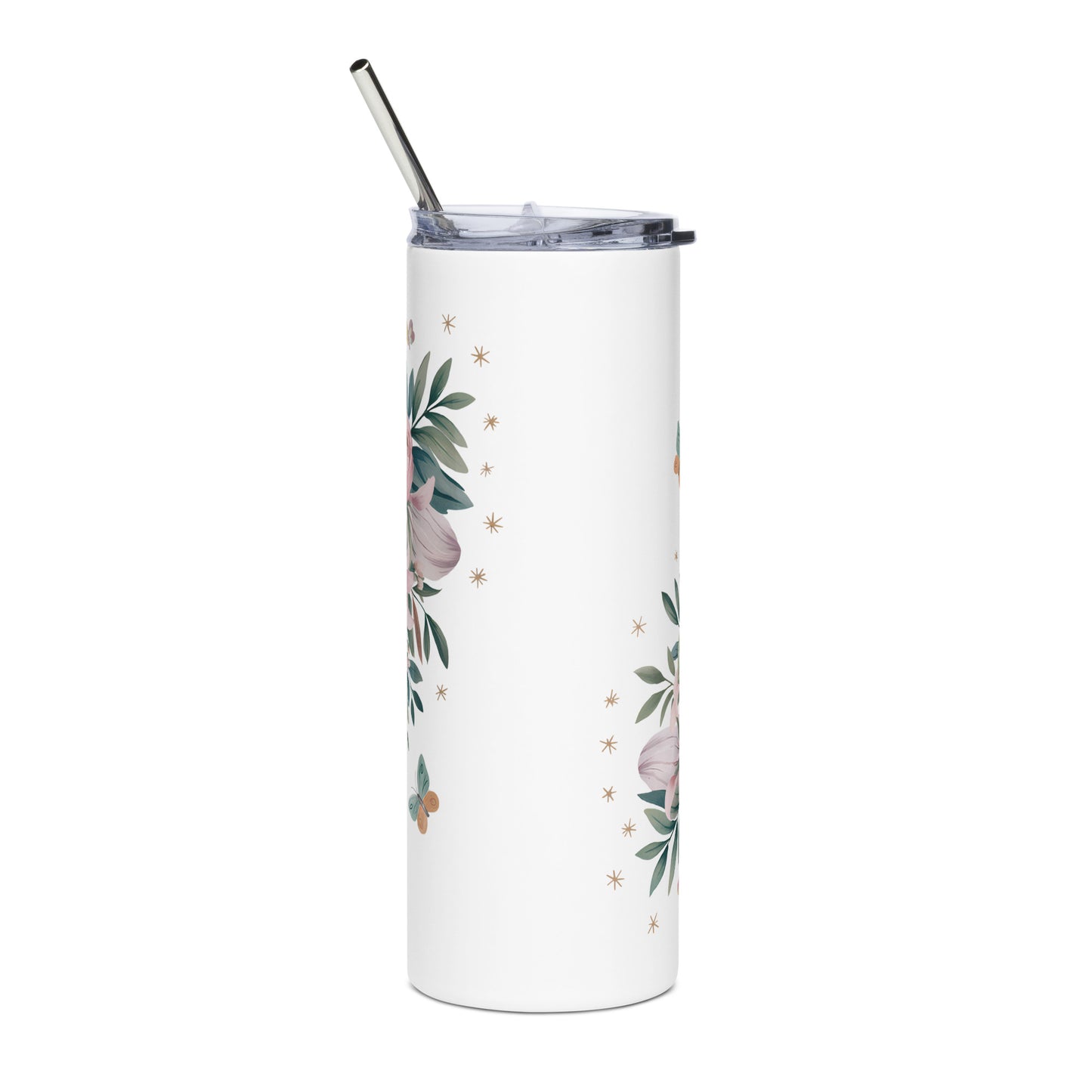 White stainless steel tumbler with detailed pink floral and greenery illustration, metal straw, and clear lid.