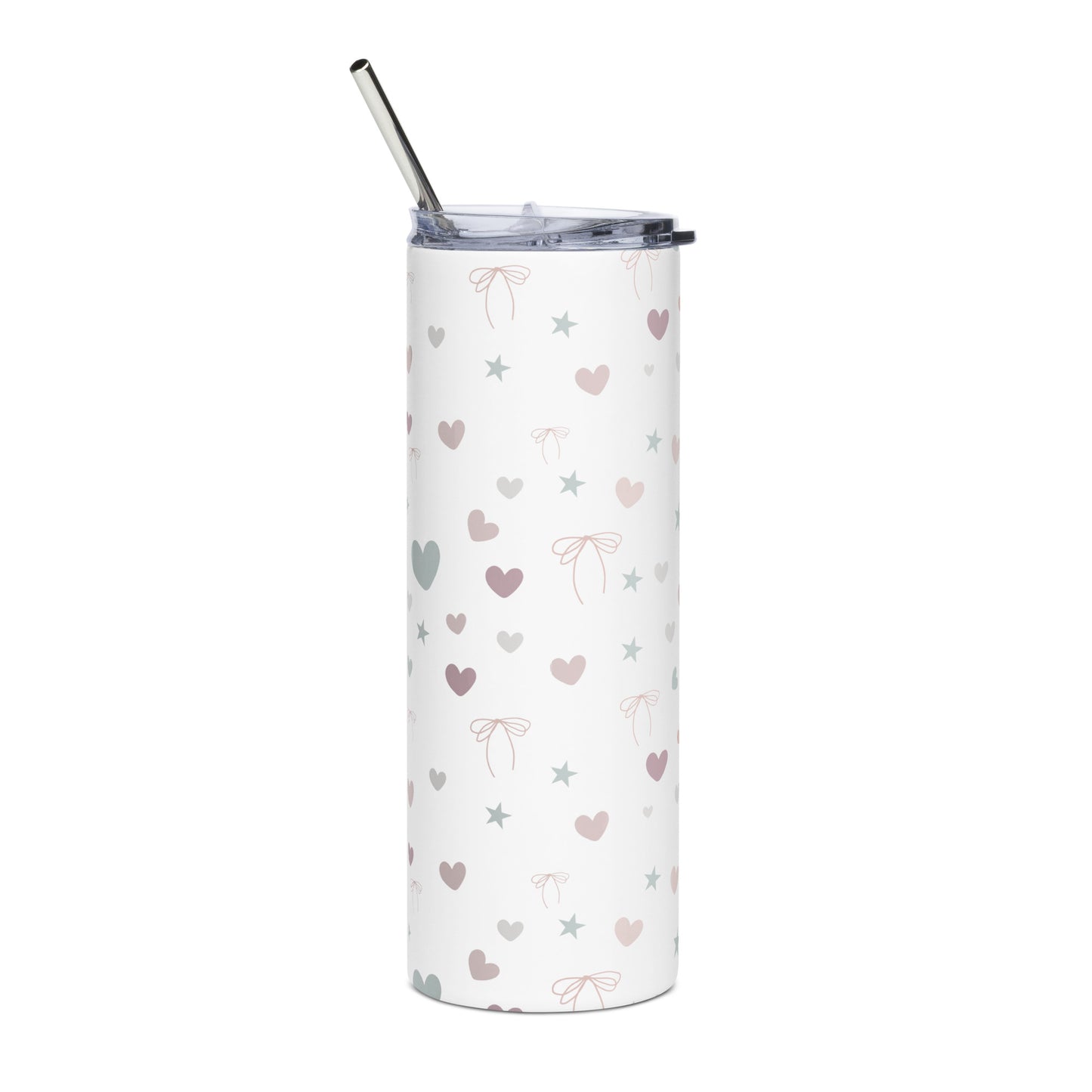White stainless steel tumbler with pastel heart, star, and bow pattern, shown upright with a metal straw and clear lid, against a white background.