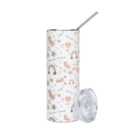 Stainless steel tumbler with a floral, star, and rainbow pattern in pastel colors, standing upright with a clear plastic lid and metal straw next to it, on a white background.
