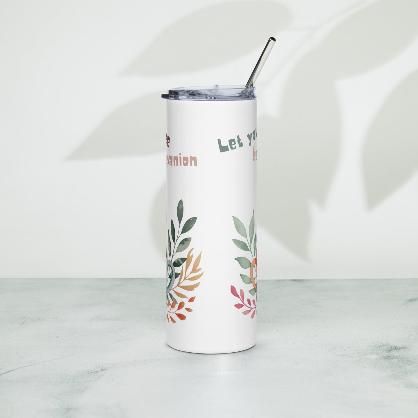 White stainless steel tumbler – back view with leaf design