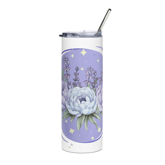 Lavender floral tumbler with metal straw, displayed on a white background.