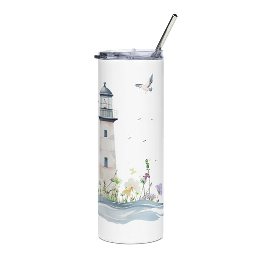 A stainless steel tumbler with a pastel lighthouse and floral coastal design