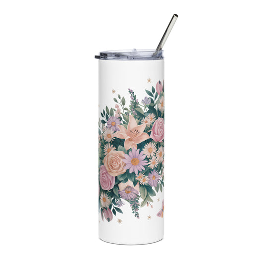 White stainless steel tumbler with detailed pink floral and greenery illustration, metal straw, and clear lid.