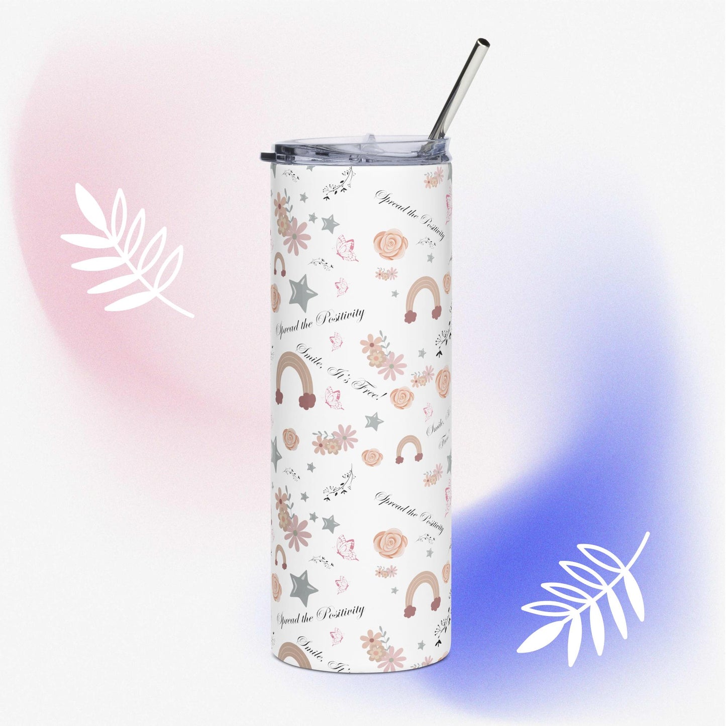 Tall stainless steel tumbler with pastel floral, rainbow, and star pattern, standing upright with a metal straw on top; set against a white background with pink and blue abstract shapes and leaf illustrations.