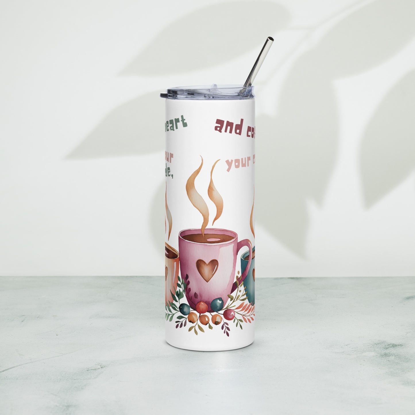 White stainless steel tumbler – front view with steaming coffee cups
