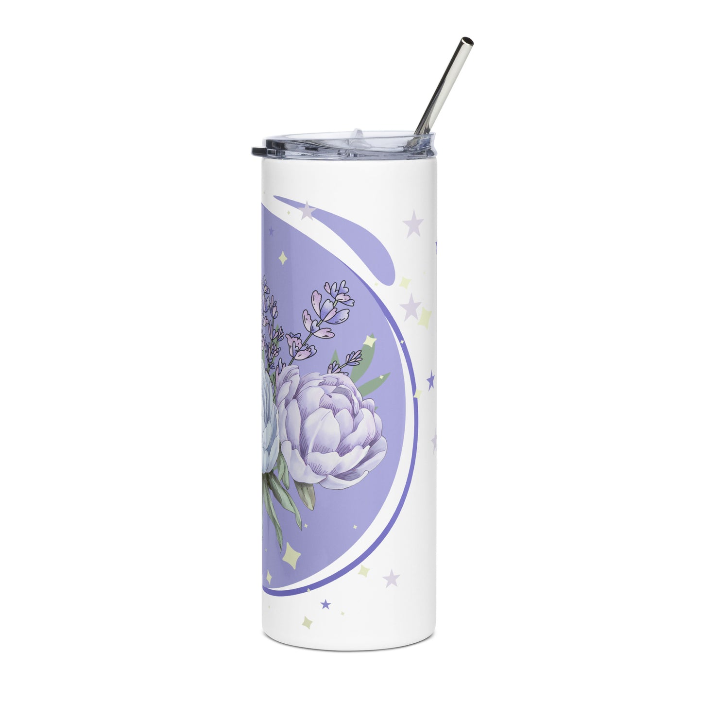 Lavender floral stainless steel tumbler with straw, placed on a white surface