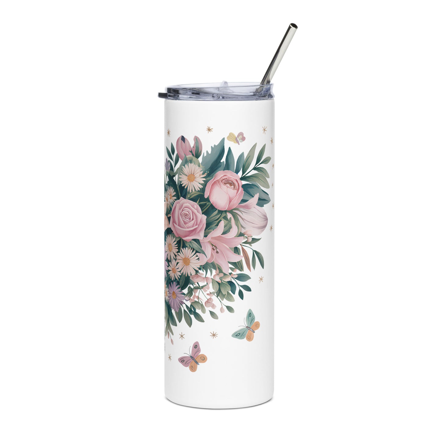 White stainless steel tumbler with detailed pink floral and greenery illustration, metal straw, and clear lid.