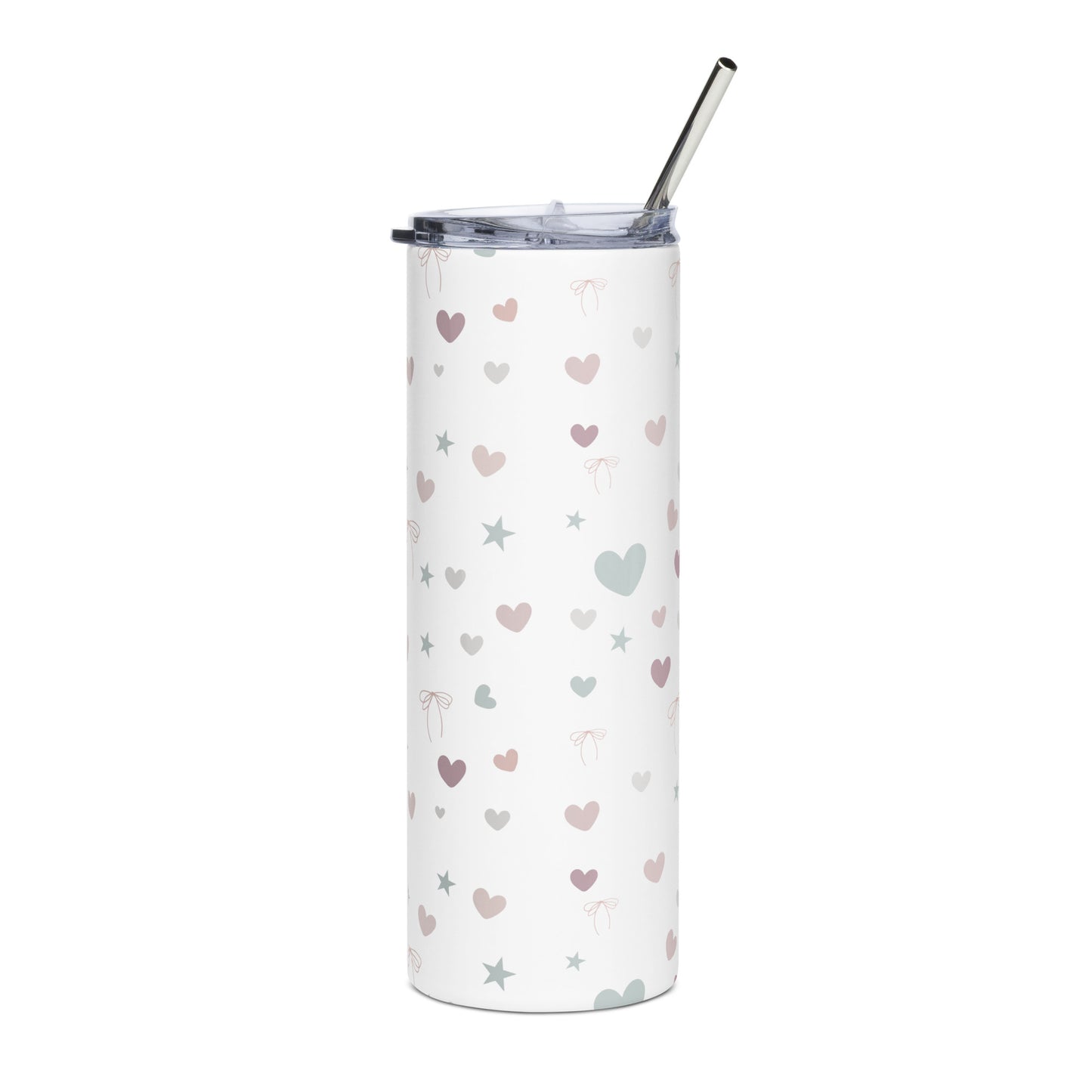 White stainless steel tumbler with pastel heart, star, and bow pattern, shown upright with a metal straw and clear lid, against a white background.