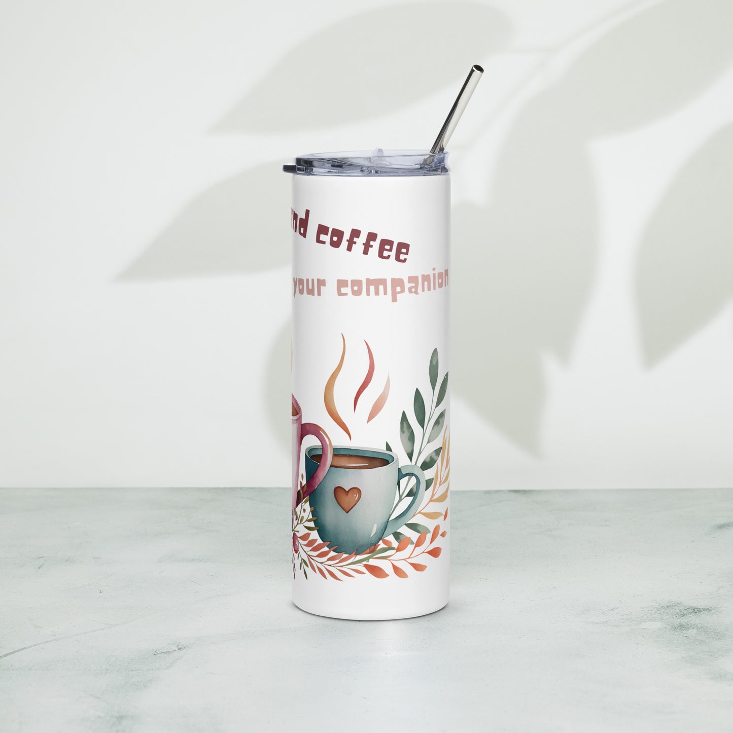 White stainless steel tumbler – left side with coffee design and greenery
