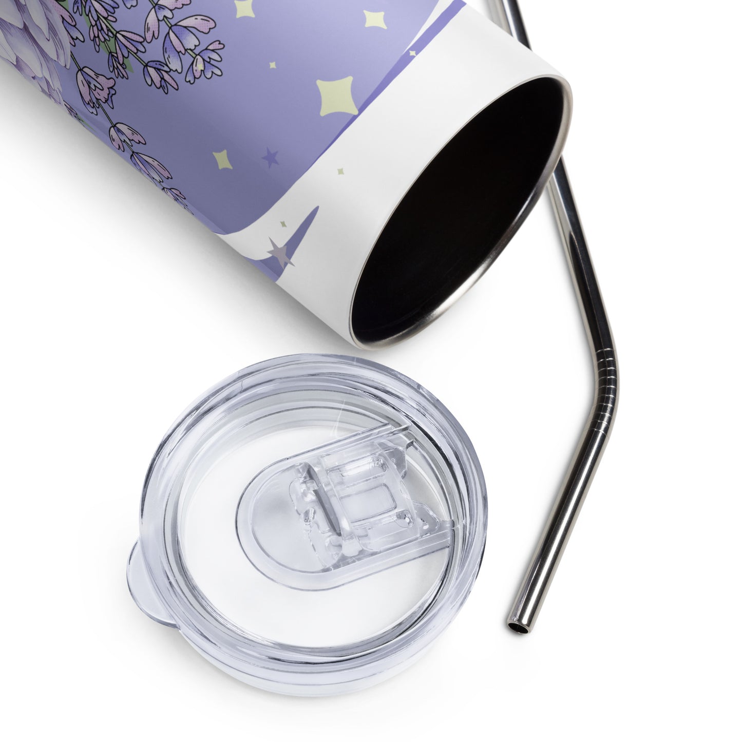 Close-up of a floral lavender tumbler with a metal straw and a clear plastic lid on a white background.
