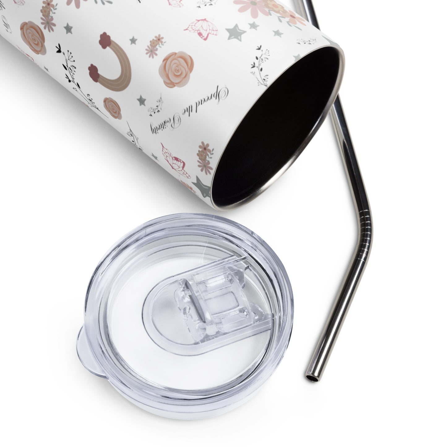 Stainless steel tumbler lying on its side, shown with a detachable clear lid and metal straw, featuring a playful pastel design of rainbows, butterflies, and flowers — perfect for spreading positive vibes.