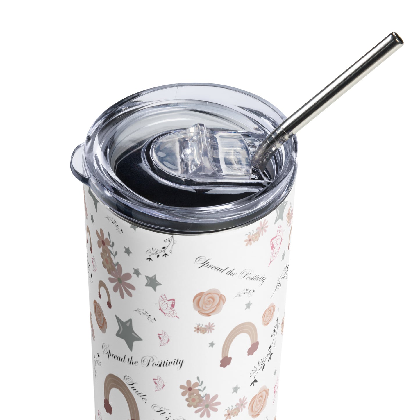 Close-up of a stainless steel tumbler with a clear lid and metal straw, decorated with pastel floral, rainbow, and butterfly illustrations — a cheerful and stylish drinkware gift for moms.