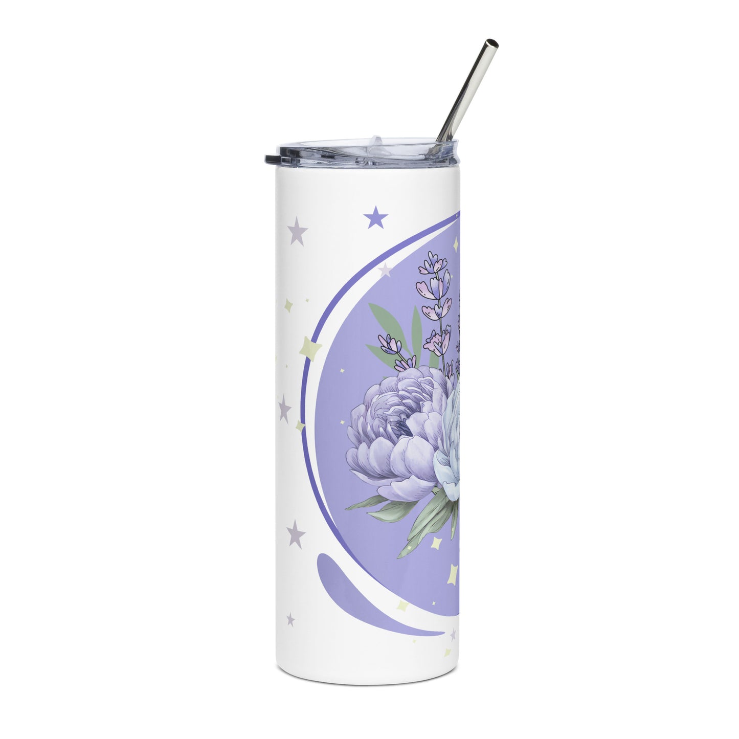 Lavender floral stainless steel tumbler with straw, placed on a white surface