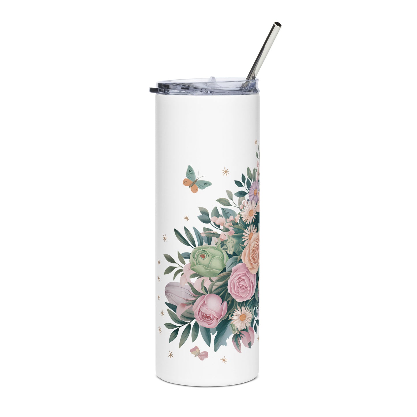 White stainless steel tumbler with detailed pink floral and greenery illustration, metal straw, and clear lid.