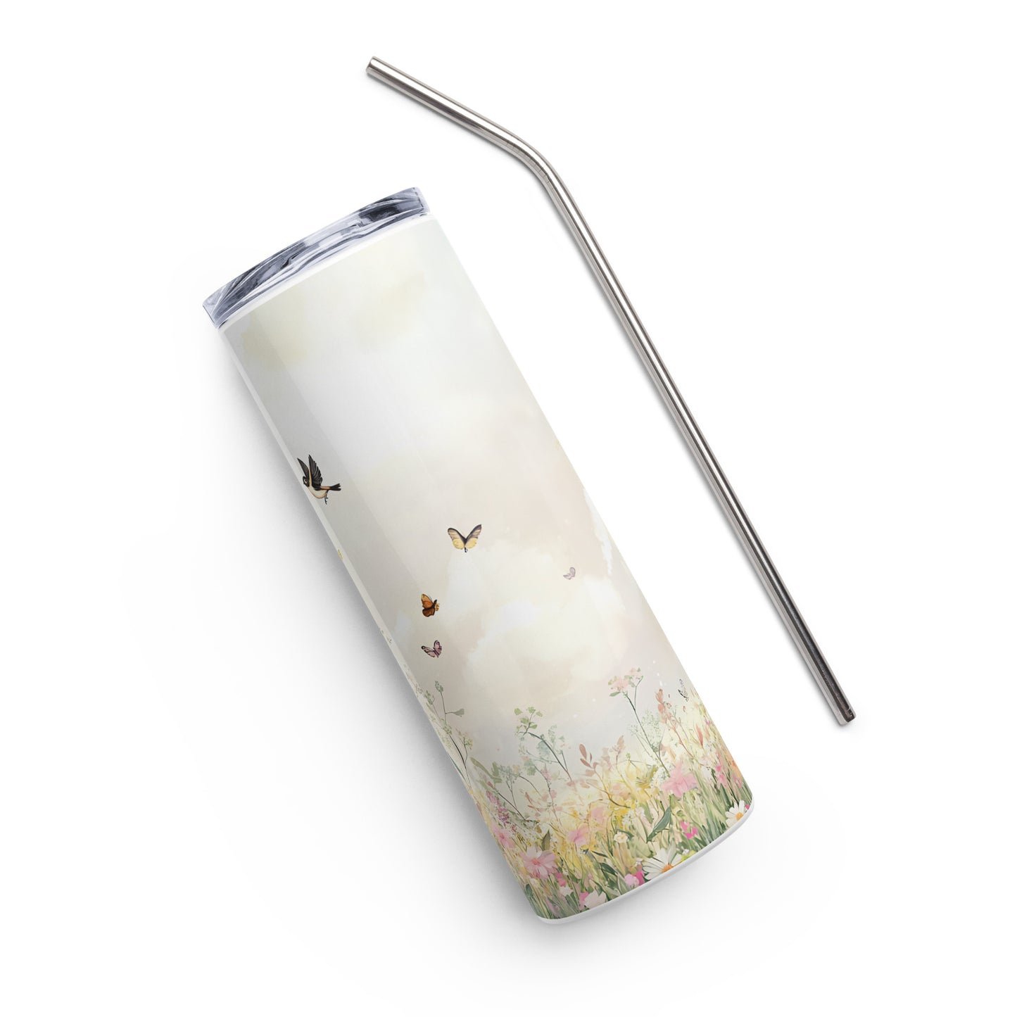 Pastel floral stainless steel tumbler with butterflies, shown with a metal straw on a white background, angled to the right.