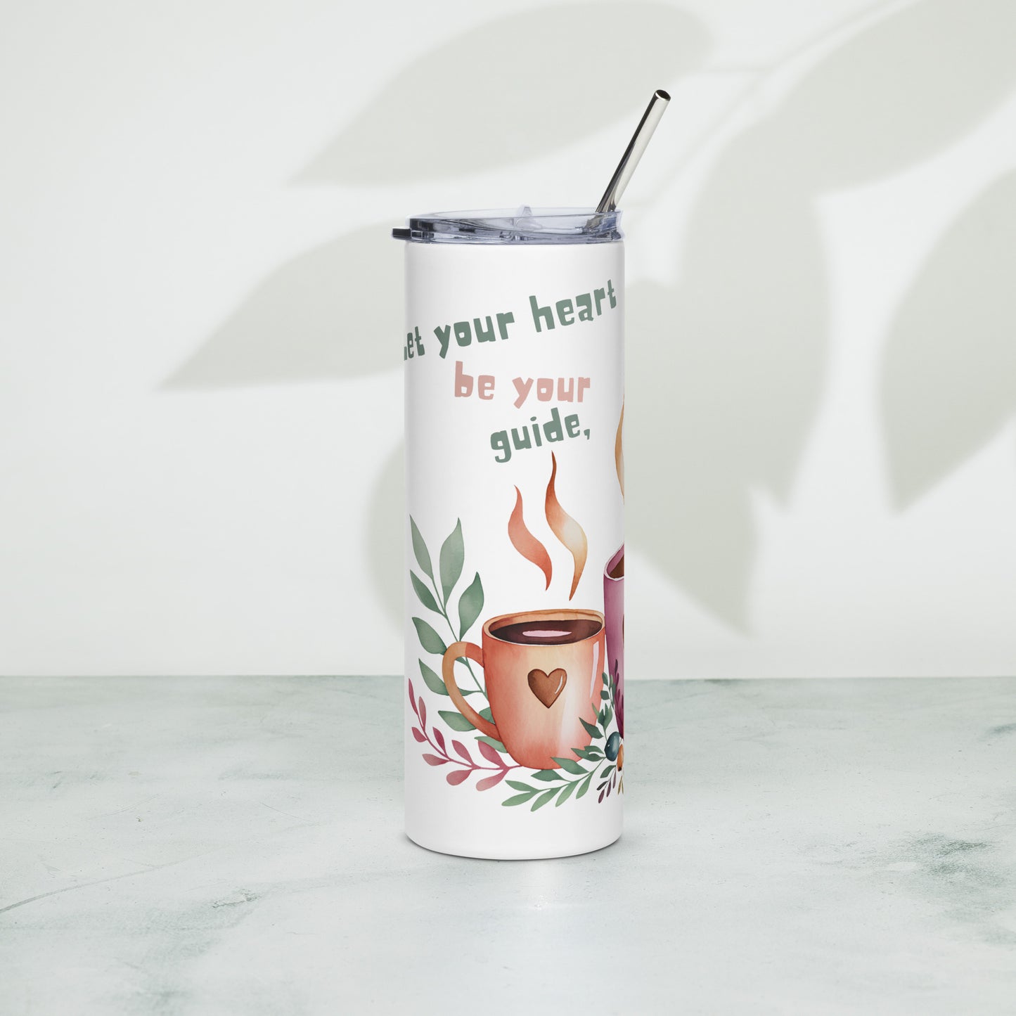 White stainless steel tumbler – right side with coffee cup and leaves