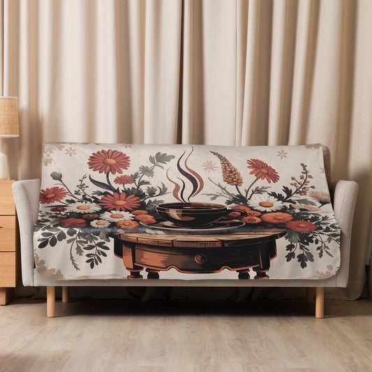 Rustic Bloom Blanket Displayed on Sofa – Warm Autumn Coffee & Floral Design - medium size