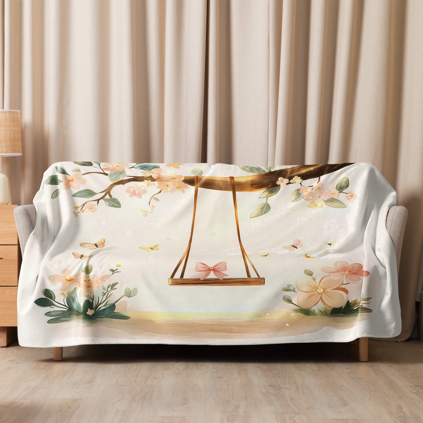 Blossom floral sherpa blanket neatly draped over a modern light gray sofa - large blanket