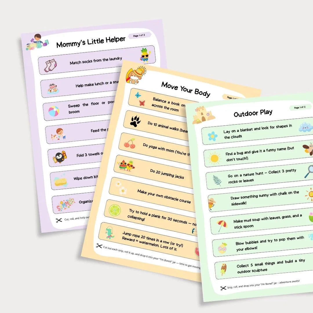 Colorful mockup showing printable activity pages for kids, including "Mommy’s Little Helper", "Move Your Body", and "Outdoor Play", each with illustrated challenge strips designed for a summer bored jar