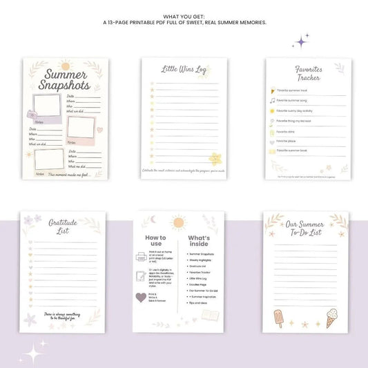 Preview of six printable pages from the Summer Memories Kit including snapshots, gratitude list, and how-to page – soft pastel layout