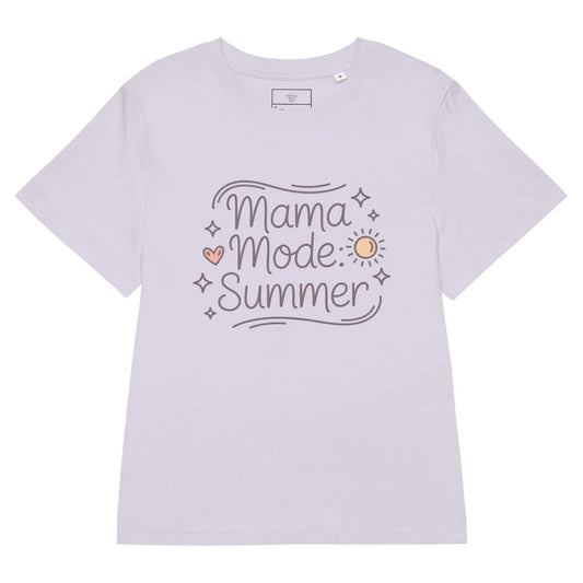 Flat lay of a lavander t-shirt with 'Mama Mode: Summer' design in pastel colors.