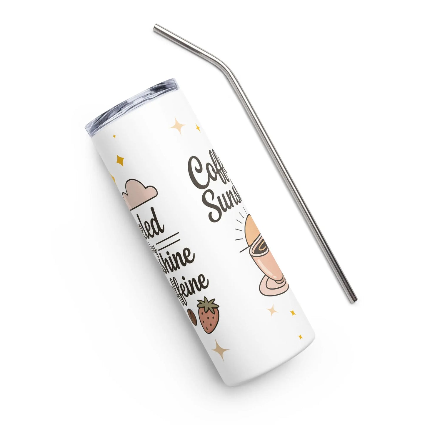 Angled back view of a white stainless steel tumbler with metal straw, featuring pastel illustrations and the phrase ‘Fueled by Sunshine & Caffeine’. Product for moms.