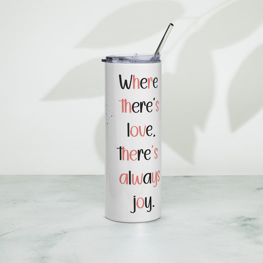 Inspirational tumbler – left side angle showing heart-themed typography design in pink and black