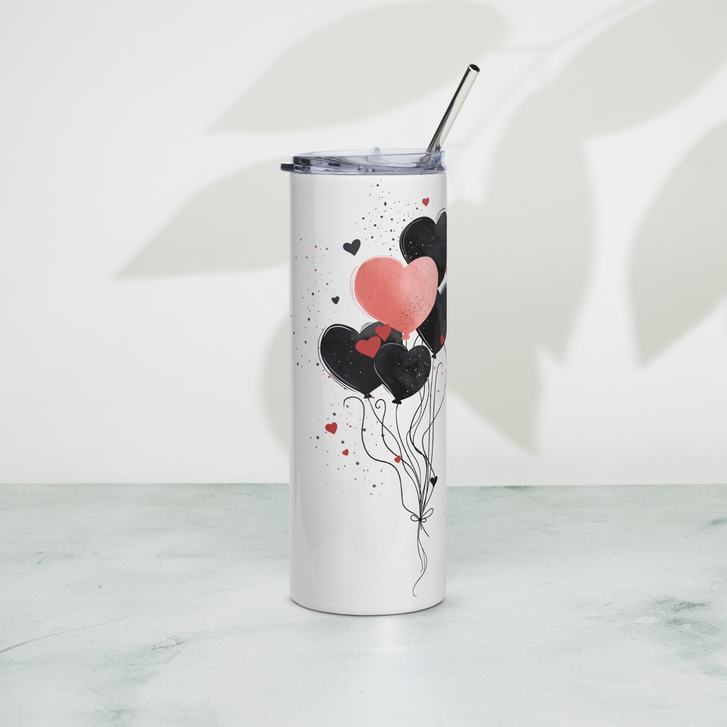 Modern stainless steel tumbler – right side view with joyful love-themed message and cute heart accents