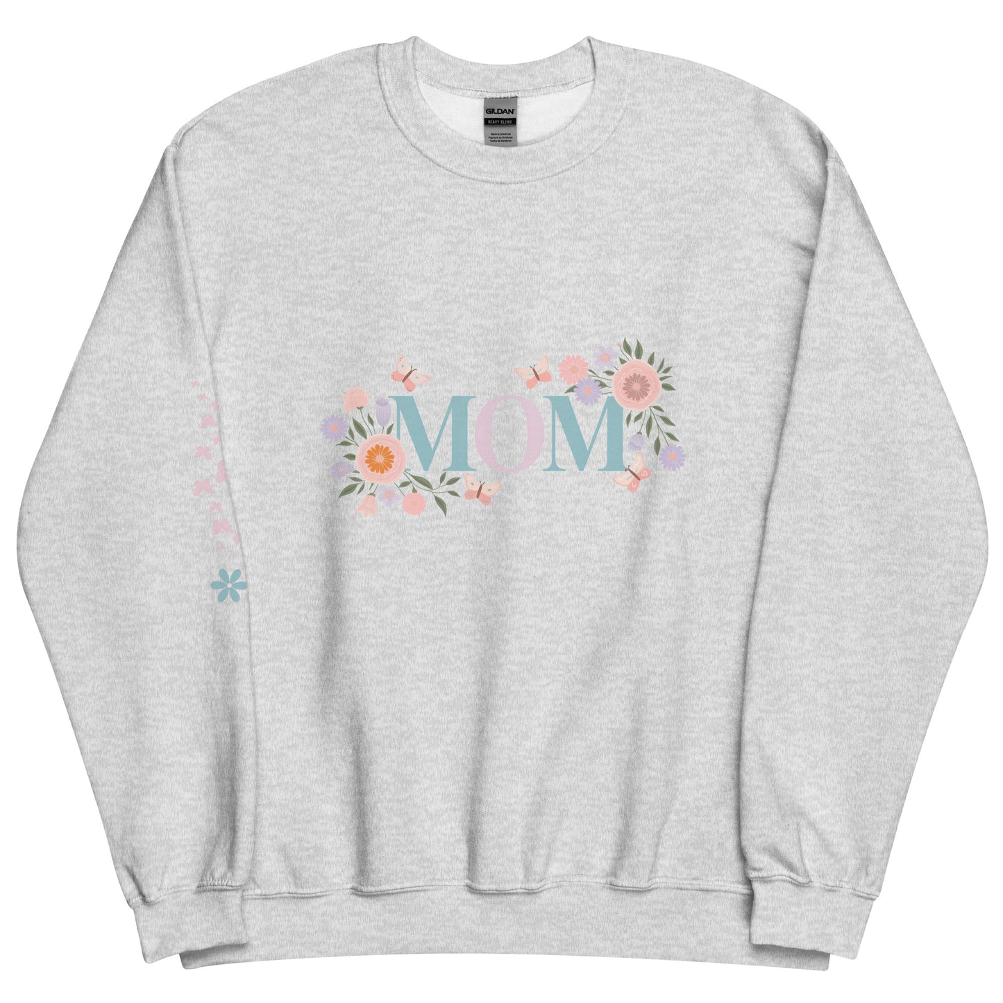 Light gray sweatshirt with elegant “MOM” floral lettering design, laid flat on white background – a soft and feminine gift for moms.