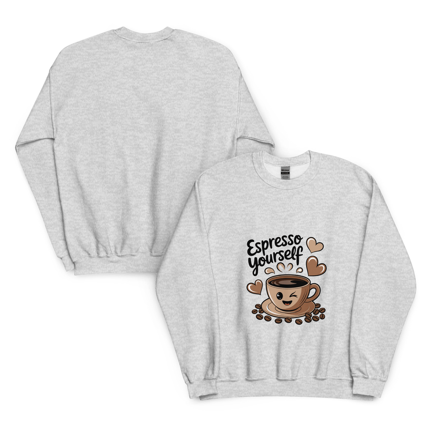 rey unisex crewneck sweatshirt shown front and back, featuring a cute “Espresso Yourself” design with coffee cup, beans, and hearts illustration.