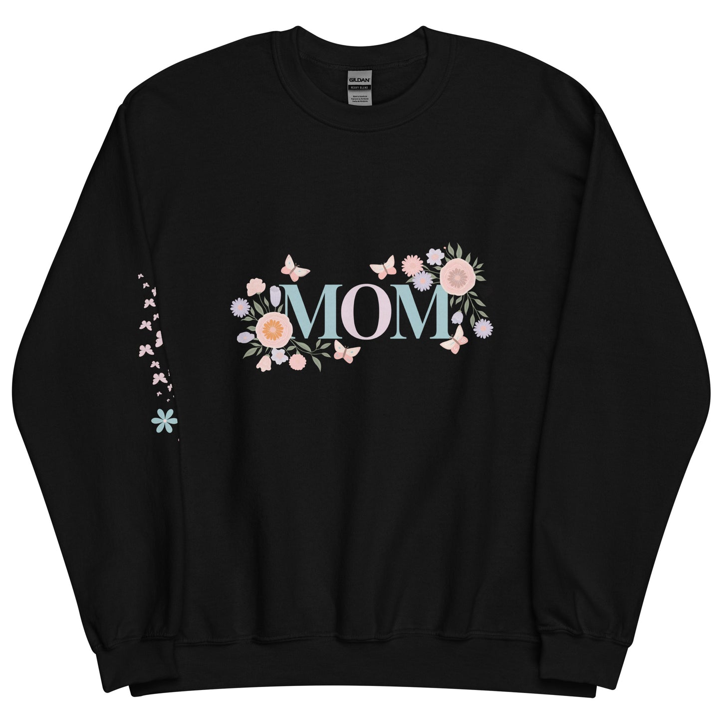 Black sweatshirt with elegant “MOM” floral lettering design, laid flat on white background – a soft and feminine gift for moms.