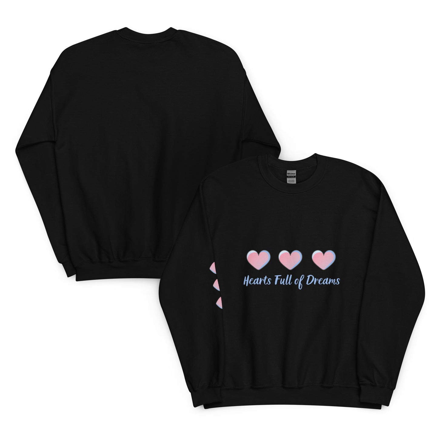 Flat lay of front and back view of a black crewneck sweatshirt with three pastel pink and blue hearts and the phrase “Hearts Full of Dreams” printed on the front