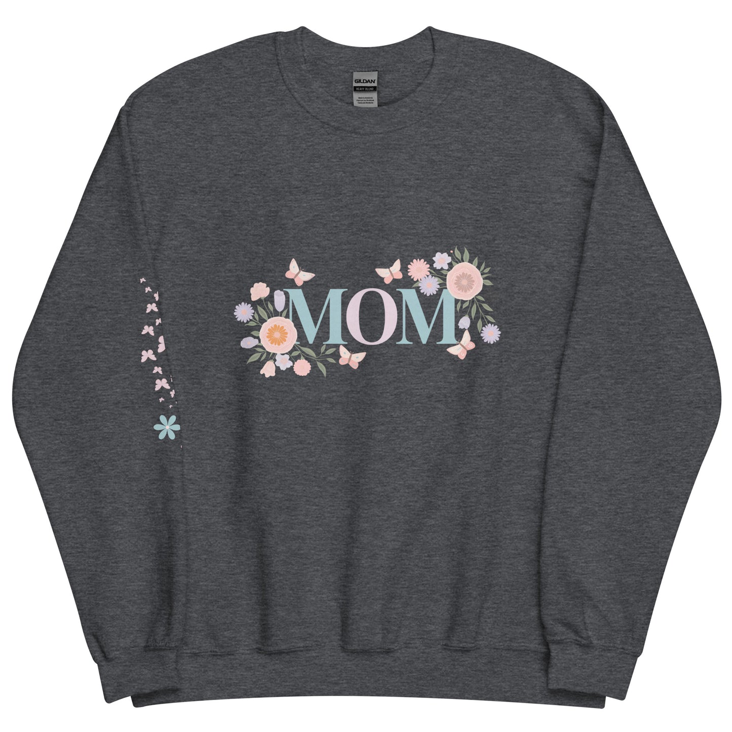 Dark heather sweatshirt with elegant “MOM” floral lettering design, laid flat on white background – a soft and feminine gift for moms.