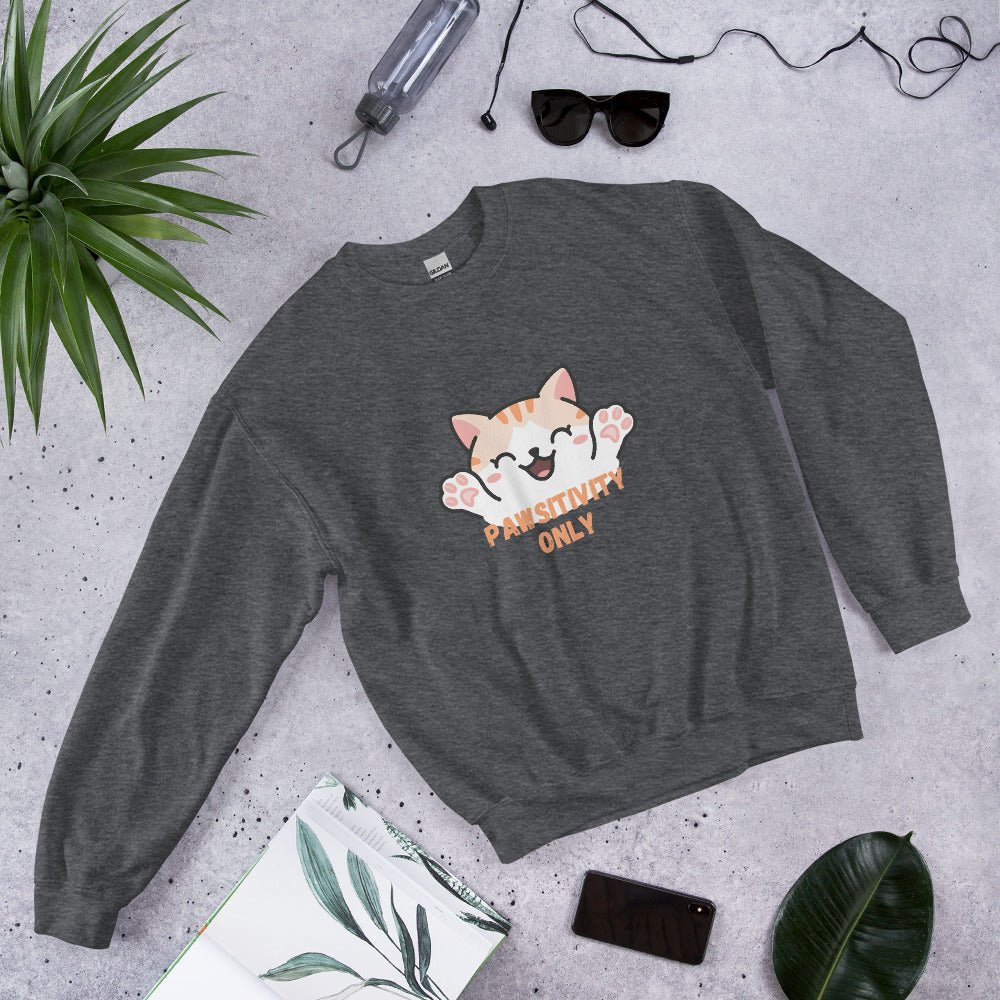 Dark heather crewneck sweatshirt with a cute orange cat and “Pawsitivity Only” text, laid flat on a stone surface surrounded by sunglasses, a plant, phone, and notebook.